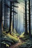 Printable Art of Deep Woods under Full Moonlight with Long Shadows
