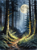 Printable Art of Deep Woods under Full Moonlight with Long Shadows