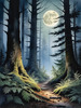 Printable Art of Deep Woods under Full Moonlight with Long Shadows