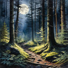 Printable Art of Deep Woods under Full Moonlight with Long Shadows