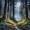 Printable Art of Deep Woods under Full Moonlight with Long Shadows