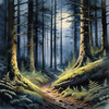 Printable Art of Deep Woods under Full Moonlight with Long Shadows