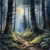 Printable Art of Deep Woods under Full Moonlight with Long Shadows