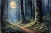 Printable Art of Deep Woods under Full Moonlight with Long Shadows