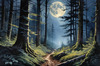 Printable Art of Deep Woods under Full Moonlight with Long Shadows