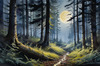 Printable Art of Deep Woods under Full Moonlight with Long Shadows