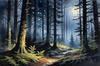 Printable Art of Deep Woods under Full Moonlight with Long Shadows