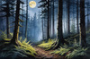 Printable Art of Deep Woods under Full Moonlight with Long Shadows