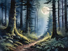 Printable Art of Deep Woods under Full Moonlight with Long Shadows