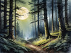 Printable Art of Deep Woods under Full Moonlight with Long Shadows