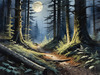 Printable Art of Deep Woods under Full Moonlight with Long Shadows