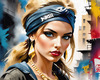 Printable Gangsta Girl Portrait with Bandana and Oversized Gold Jewelry against Graffiti Wall