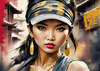 Printable Gangsta Girl Portrait with Bandana and Oversized Gold Jewelry against Graffiti Wall