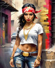 Printable Gangsta Girl Portrait with Bandana and Oversized Gold Jewelry against Graffiti Wall