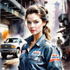 Printable Gear Head Girl with Grease in Garage Art Image