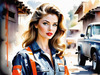 Printable Gear Head Girl with Grease in Garage Art Image