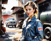 Printable Gear Head Girl with Grease in Garage Art Image