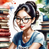 Printable Art of Geek Girl with Glasses and Science Pun Tee Among Books and Computers