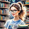 Printable Art of Geek Girl with Glasses and Science Pun Tee Among Books and Computers