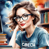 Printable Art of Geek Girl with Glasses and Science Pun Tee Among Books and Computers