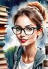 Printable Art of Geek Girl with Glasses and Science Pun Tee Among Books and Computers