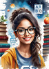 Printable Art of Geek Girl with Glasses and Science Pun Tee Among Books and Computers
