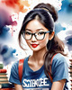 Printable Art of Geek Girl with Glasses and Science Pun Tee Among Books and Computers