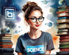 Printable Art of Geek Girl with Glasses and Science Pun Tee Among Books and Computers