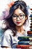 Printable Art of Geek Girl with Glasses and Science Pun Tee Among Books and Computers