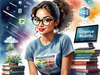 Printable Art of Geek Girl with Glasses and Science Pun Tee Among Books and Computers