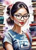 Printable Art of Geek Girl with Glasses and Science Pun Tee Among Books and Computers