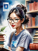 Printable Art of Geek Girl with Glasses and Science Pun Tee Among Books and Computers
