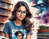 Printable Art of Geek Girl with Glasses and Science Pun Tee Among Books and Computers