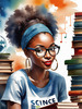 Printable Art of Geek Girl with Glasses and Science Pun Tee Among Books and Computers