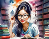 Printable Art of Geek Girl with Glasses and Science Pun Tee Among Books and Computers