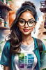 Printable Art of Geek Girl with Glasses and Science Pun Tee Among Books and Computers