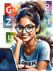Printable Art of Geek Girl with Glasses and Science Pun Tee Among Books and Computers