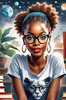 Printable Art of Geek Girl with Glasses and Science Pun Tee Among Books and Computers