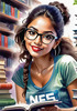 Printable Art of Geek Girl with Glasses and Science Pun Tee Among Books and Computers