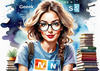 Printable Art of Geek Girl with Glasses and Science Pun Tee Among Books and Computers