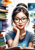 Printable Art of Geek Girl with Glasses and Science Pun Tee Among Books and Computers