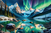 Reflective Glacial Lake with Snowy Mountains and Aurora Borealis