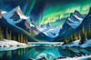 Reflective Glacial Lake with Snowy Mountains and Aurora Borealis