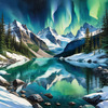 Reflective Glacial Lake with Snowy Mountains and Aurora Borealis