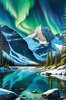 Reflective Glacial Lake with Snowy Mountains and Aurora Borealis