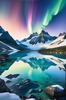 Reflective Glacial Lake with Snowy Mountains and Aurora Borealis