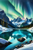 Reflective Glacial Lake with Snowy Mountains and Aurora Borealis