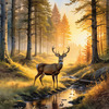 Printable Art of Deer Grazing in Woodland Clearing at Sunset