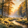 Printable Art of Deer Grazing in Woodland Clearing at Sunset