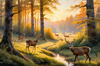 Printable Art of Deer Grazing in Woodland Clearing at Sunset